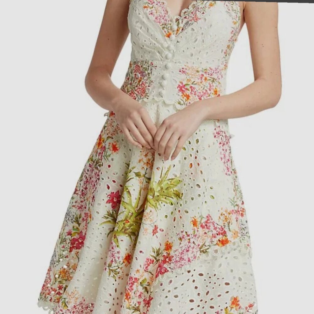 FARM RIO - White Forest Scarf Print Eyelet Cotton Sundress - NEW WITH TAGS -